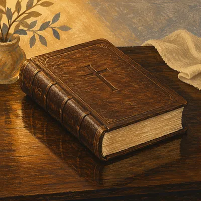 Leather Bible on Dark Wooden Table