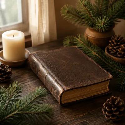 Leather Bible with Evergreen on Wood