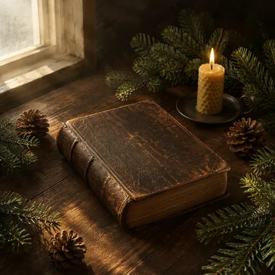 Leather Bible with Evergreen on Walnut Table