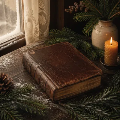 Leather Bible with Evergreen on Dark Wood