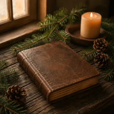 Leather Bible with Evergreen on Dark Wood