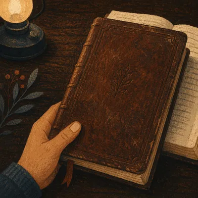 Worn Leather Bible on Dark Walnut Table
