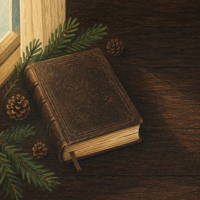 Leather Bible with Evergreen on Dark Wood