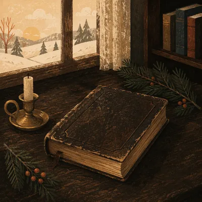 Leather Bible with Evergreen on Walnut Table