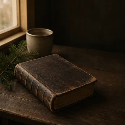 Weathered Leather Bible on Walnut Table