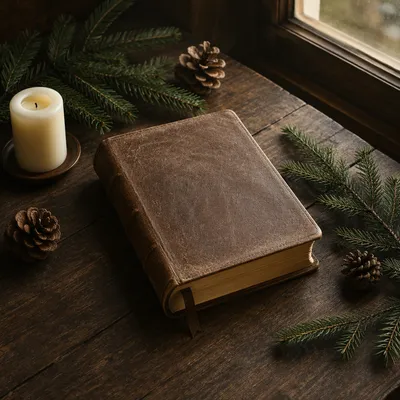 Leather Bible with Evergreen on Walnut Table