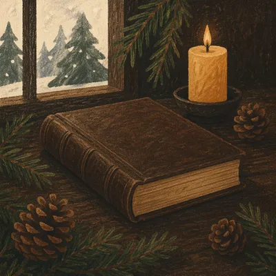 Leather Bible with Evergreen on Dark Wood