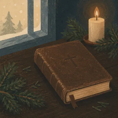 Leather Bible with Evergreen and Candlelight