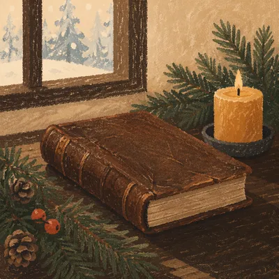 Leather Bible with Evergreen on Walnut Table