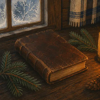 Leather Bible with Evergreen on Dark Wood