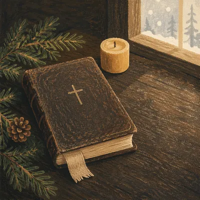 Leather Bible with Evergreen on Dark Wood