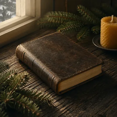 Leather Bible with Evergreen on Dark Wood