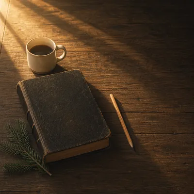 Leather Bible on Rustic Wood with Evergreen