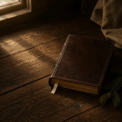 Leather Bible with Evergreen on Dark Wood