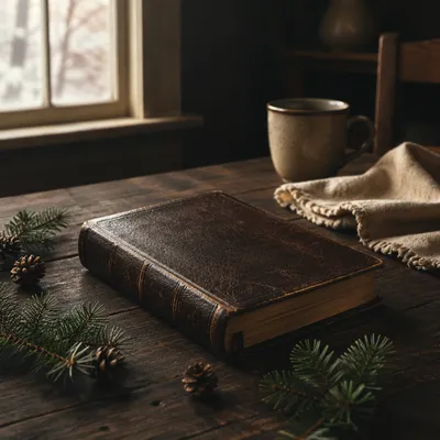 Leather Bible with Evergreen on Walnut Table