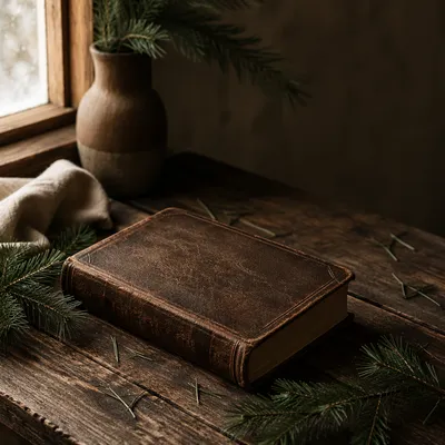 Leather Bible with Evergreen on Dark Wood