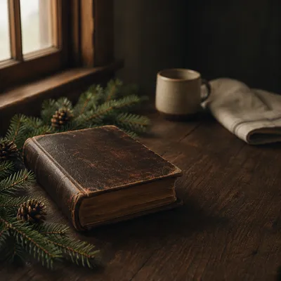 Leather Bible on Dark Walnut Table