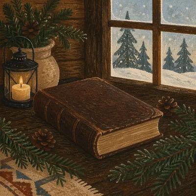 Leather Bible with Evergreen on Dark Wood