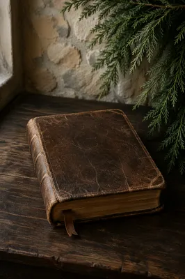 Weathered Leather Bible with Evergreen Branches