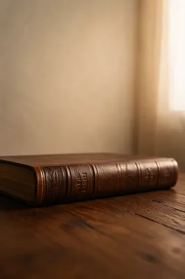 Leather Bible on Dark Walnut Table