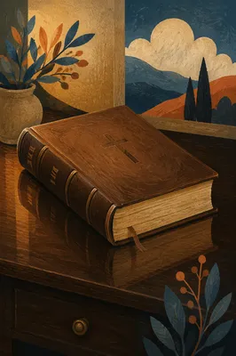 Leather Bible on Dark Wooden Table