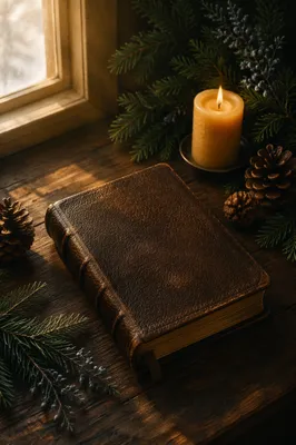 Worn Leather Bible with Evergreen Sprigs