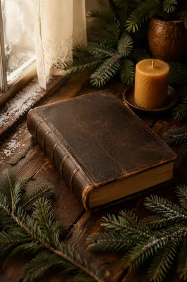 Leather Bible with Evergreen on Dark Wood