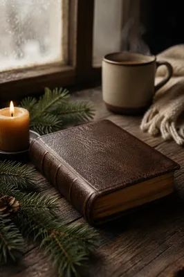 Leather Bible with Evergreen on Dark Walnut