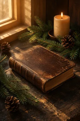 Leather Bible with Evergreen on Dark Wood