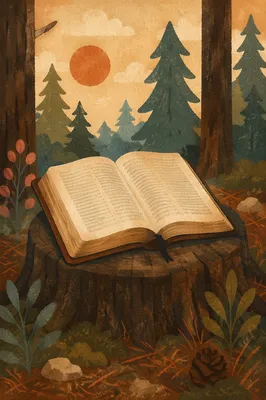 Open Leather Bible in Evergreen Forest