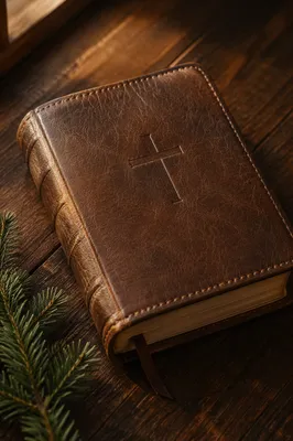 Leather Bible on Dark Walnut Table