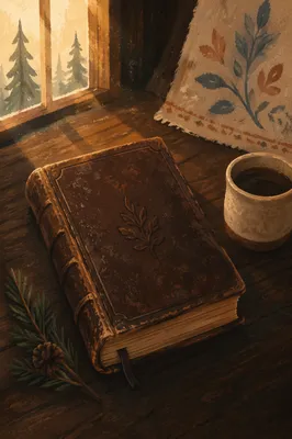 Worn Leather Bible on Dark Walnut Table