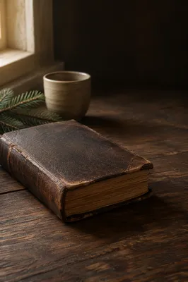 Weathered Leather Bible on Walnut Table