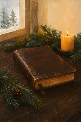 Leather Bible with Evergreen and Candlelight