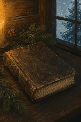 Leather Bible with Evergreen on Dark Wood