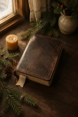 Leather Bible with Evergreen on Dark Wood