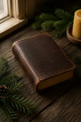 Leather Bible with Evergreen on Dark Wood