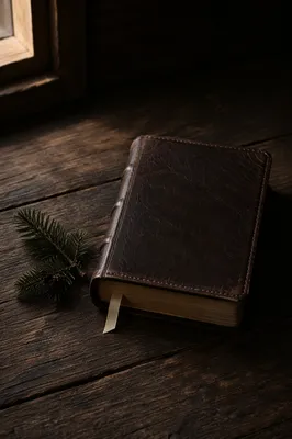 Leather Bible on Dark Wood with Evergreen