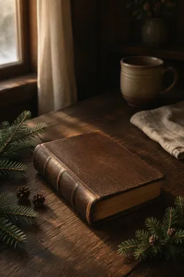 Leather Bible with Evergreen on Walnut Table