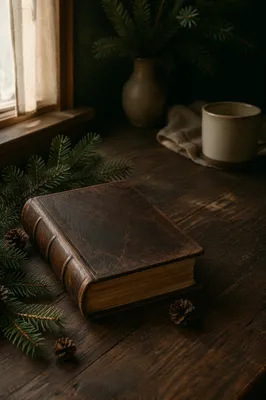 Leather Bible with Evergreen on Dark Wood