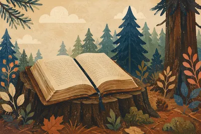 Open Leather Bible in Evergreen Woodland
