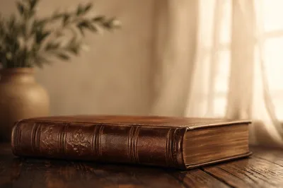 Leather Bible on Dark Walnut Table