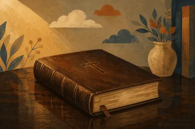 Leather Bible on Dark Wooden Table