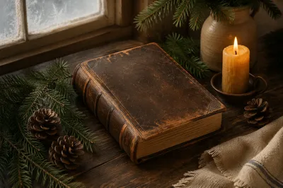 Leather Bible with Evergreen and Candlelight