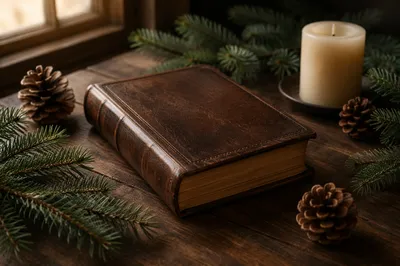 Leather Bible with Evergreen and Candle