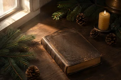 Leather Bible with Evergreen on Dark Wood
