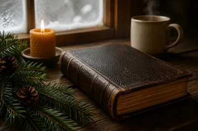 Leather Bible with Evergreen on Walnut Table