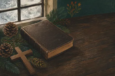 Leather Bible with Evergreen on Dark Wood