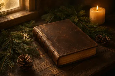 Leather Bible with Evergreen on Rustic Wood