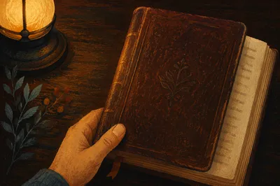 Leather Bible on Dark Walnut Table